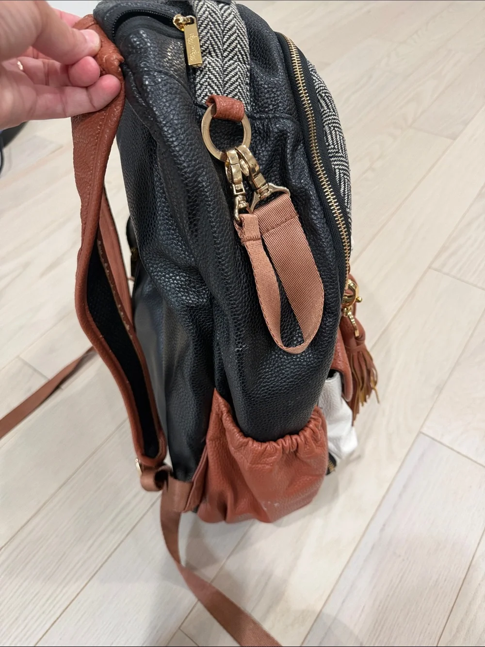 Itzy Ritzy Black, White & Brown Herringbone Diaper Backpack